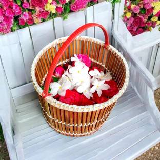 HakSap Bamboo Handmade Flower Basket with Handle For Pooja And Wedding | Flower Pot | Bamboo Flower Basket