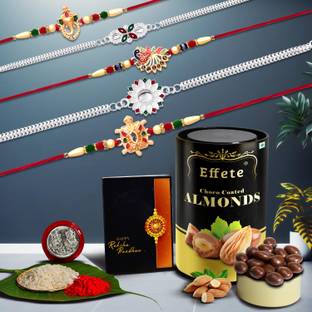Effete Designer Rakhi Combo|Rakhi for Men with Roli Chawal , Chocolate Can, and Greeting Card, Laxmi Ganesh Silver Coin | Festival of Raksabandhan(K5_NC2_EA) Combo