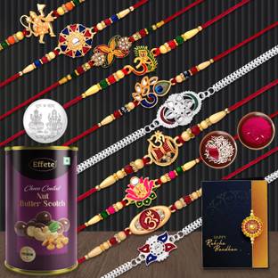 Effete Designer Rakhi Combo|Rakhi for Men with Roli Chawal Tilak, Butterscotch Chocolate and Greeting Card, Laxmi Ganesh Silver Coin | Festival of Raksabandhan(K10_MC2_BS) Combo