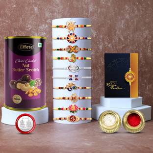 Effete Designer Rakhi Combo|Rakhi for Men with Roli Chawal Tilak, Butterscotch Chocolate and Greeting Card, Laxmi Ganesh Silver Coin | Festival of Raksabandhan(K10_MC2_BS) Combo