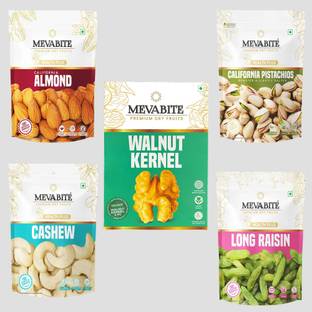 MevaBite Dry Fruits 1Kg, Almonds, Cashews, Raisins, Pistachios & Walnuts (200g Each) Combo