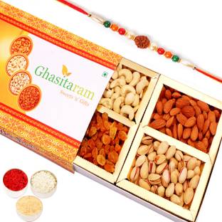 Ghasitaram Gifts Rakhi Gifts Dryfruits-Ghasitaram's Orange Dryfruit Box 200 gms with Pearl Rudraksh Rakhi Combo
