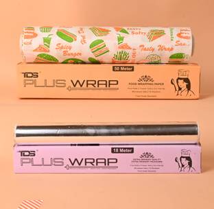 TDS PLUS WRAP 50 Mtr Multicolor Paper & 18 Mtr Foil Paper (Pk 2) | Food Paper for Roti & Cake Parchment Paper