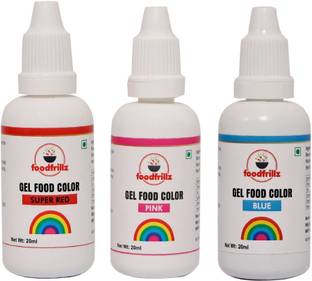 foodfrillz Super red, Pink & Blue Gel food colouring for cake, Combo of 3 (20 ml each) gel food colours for baking Red, Pink, Blue