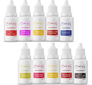 Bake King Set of 10 Food Essence Mango, Blueberry, Vanilla, Dark Chocolate, Banana, Butterscotch, Paan, Pineapple, Rose Milk and Red Velvet Flavour Essence 30 ML Each Essence Making Cakes,Cookies, Ice Creams and Puddings Liquid Food Essence (Pack of 10) Mixed Fruit Liquid Food Essence