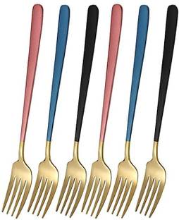 HEXONIQ 8" Stainless Steel Dinner Forks Set with Colorful Handle & Shiny Gold Mouth Stainless Steel Dinner Fork Set