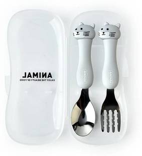 Bekner Stainless Steel 2pcs Set Kid Gift Cartoon Animal Fork Spoon Portable Travel Baby Stainless Steel Baby Fork