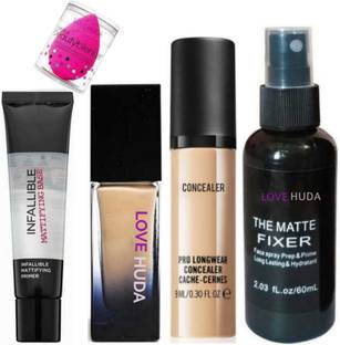 LOVE HUDA Professional Waterproof Primer, Concealer, Matte Fixer, Makeup Blender & Foundation