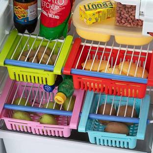 COZORIN Adjustable Fridge Storage Basket Expandable Fridge Storage Rack Plastic Fridge Space Storage Basket (Pack of 4) Fridge Door Shelf