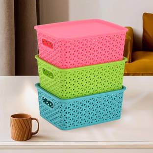 KUBER INDUSTRIES Pack of 3 H1-Multipurpose Storage Baskets with Lid for Organizing Home & Office Plastic Fruit & Vegetable Basket