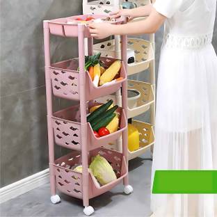 AJAAQI Skep 3+1 Layers Plastic Vegetable Basket Trolley With Wheels Home & Kitchen Rack Plastic Fruit & Vegetable Basket