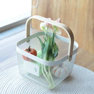 KUBER INDUSTRIES Metal Wire Basket With Handle|Storage Basket|Mesh Open Storage Bin|White Iron Fruit & Vegetable Basket
