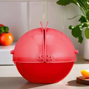 HOMESTIC Plastic Vegetables Draining Basket, Strainer Bowl, Colander With Lid (Red) Collapsible Colander