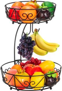 E C Creation 2Tier Fruit Basket with Bnana Hanger With Double Banana Hanger Steel Fruit & Vegetable Basket