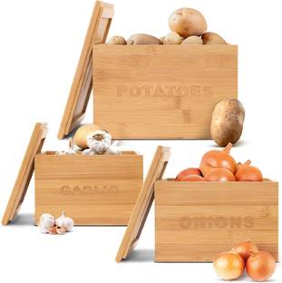 Ekhasa Vegetable Bamboo Storage Container for Kitchen with Lid (Set of 3) Bamboo Fruit & Vegetable Basket