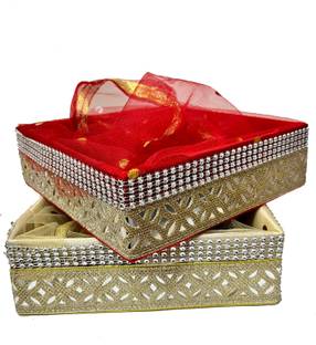 KHUSHA CREATIONS Fancy Gift Hamper Basket, Diwali Hamper, Wedding Gift Trays (8*8*2.5inches) Wooden Fruit & Vegetable Basket