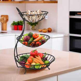 Heart Home Metal 3-Layer Aalu Pyaj/onion Storage Basket & Circular Side Stand | Black Steel Fruit & Vegetable Basket