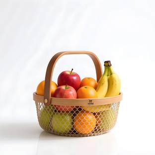 YATANZ Yatanz Wooden Fruit Basket – Premium Handcrafted Mesh Basket with Handle Wooden Fruit & Vegetable Basket