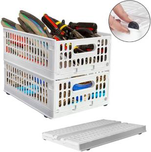 Aditya Polymers Stack-It-All Foldable Plastic Basket - Stack & Slide Design - White - Set of 2 Plastic, Polypropylene Fruit & Vegetable Basket