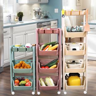 PARASNATH SKEP 4+1 Layer Fruit & Vegetable Basket Trolley Included 1 Dish Box Tray (Pink) Plastic Fruit & Vegetable Basket