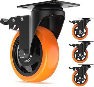 GLINTORA 3 Inch Heavy - Duty PU Orange Soft Rubber Caster Wheel (2 With Brakes-2 Without) Swivel Furniture Caster