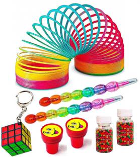 rza Spring Combo-8Pc One Rainbow Spring Toy /2 Moti Pencil /2 Stamp /2 water balls/ 1 Cube key chain for Kids Gag Toy