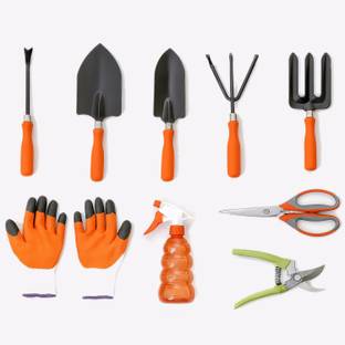 Cinagro Set of 9, Weeder, Trowels, Fork, Cultivator, Scissors, Pruner, Gloves, Sprayer Garden Tool Kit