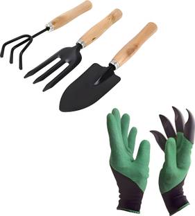 Gambit Garden Tools Set Of Garden Genie Gloves With Built In Claws For Digging Planting Nursery Plants, Garden Gloves Easy To Dig And Plant Safe For Rose Pruning & Gardening Tools - Hand Cultivator, Big Trowel, Garden Fork (Set of 3) Garden Tool Kit
