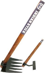 JCT AGRICO IRON RAKE WITH WOODEN HANDLE 70CM & MINI HOE WEEDING RAKE 35CM Garden Tool Kit