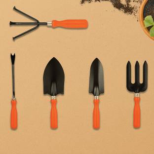 Cinagro Trowel, Cultivator, Transplanter, Weeder, Fork, Trowel Set with orange handle Garden Tool Kit