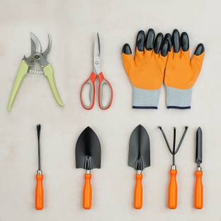 Cinagro Trowel, cultivator, transplanter, weeder, fork, pruner, scissor, & gloves CIN-GTK-SPH-P8-ORG Garden Tool Kit
