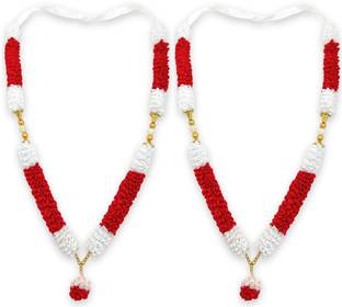 Bhakti Lehar ( 16 Inches ) Handmade Red & White Satin Ribbon Mala Garland for Photo Frame Satin Garland