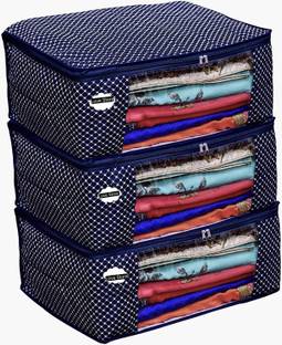 Love Store Present Set of 3 Cotton Quilted 3 Layered Foldable Saree Covers / Clothes Storage Bag / With Transparent Window And Zip Lehenga, Suit, Dress,& Accessories (Navy Blue)