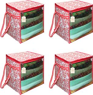 Shaping Fabric XL Saree Cover, Clothes Storage Bag, Storage Organizer Bag, Zip Closure and Transparent Front With Large Size Handle Clothes Storage Bag, Wardrobe Organizer ( Size 46L x 33W x 22H Centimetre ) Red Leaf Print Pack of 04