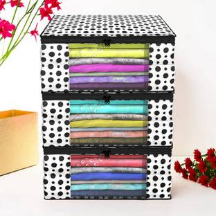 Billion Designer Polka Dots Design 3 Piece Non Woven Fabric Saree Cover/ Clothes Organiser For Wardrobe Set with Transparent Window, Extra Large,(Black & White) - BILLION38094 BILLION038094