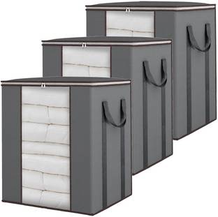 Wolfster Extra Large Blanket Storage Bags 90L Dustproof Transparent Window Pillow Sheet Foldable Clothes Storage Organizer Container Reinforced Handles Breathable For Double Bed Quilt/Saree Bag/Lehnga Storage & Wardrobe Organizing (Pack of 3)