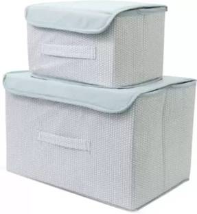 SV.ENTERPRISE Box Wardrobe Closet Organizer Foldable Stackable Basket/Bins with Lid and Handle (Grey Set of 2 Big Non-Woven Storage