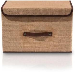 Oriscape Set of 1 Jute Foldable Space Saver Storage Box Wardrobe Closet Organizer Stackable Basket/Bins with Lid & Faux Leather Handle for Clothes, Toys, Books