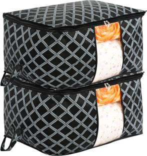 KUBER INDUSTRIES Underbed Storage Bag Non-Woven Lining Print Blanket Cover|Clothes Organizer With Transparent Window, Zipper Closure & Handle, Set of 2 (Gray, Extra Large)