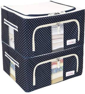 ARANKA Top and Front Zipper Open Bags 24 LTR Foldable Steel Frame Cloths Zip Organizer Bag Fabric Living Cover Box Wardrobe Shelves Cloth, Sarees, Bed Sheet, Blanket, Cosmetic Organizer Pack Of 2