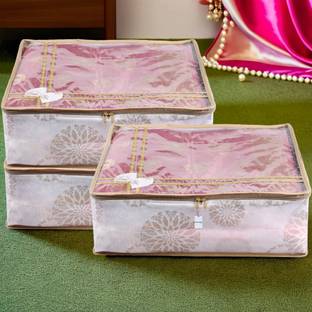 HOMESTIC by Kuber Industries Saree Cover Bow-Gola Print Top Window Saree Bag|Lehenga Bag|Pack of 3|6 Inch|White Cloth Storage