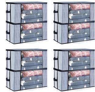 Organo Craft Non-Woven Multipurpose Foldable Underbed Storage Bag Wardrobe Organizer Transparent Window Blanket Cover and Zip Closer With Side Handles (8 Pcs)