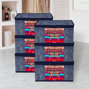 HOMESTIC by Kuber Industries Saree Cover Flower Printed Saree Storage Bag with Visible Window|9 Inch|Pack of 6|Navy Blue 82HT17052