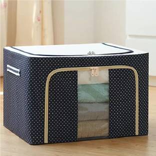 Glamexy Fabric Foldable Box Steel Frame Collapsible Wardrobe Storage Organizer Bag Blanket Quilt Clothes Kids Dress Garment Shirt Saree Bag with Transparent Window-66L Storage Organizer Bag_66L