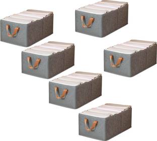Prashwe Pack of 6 Useful for Wardrobe,Closet,Bins,Fabric Basket Storage Box for Sarees,Jeans,Shirts,Pants with Foldable Steel Frames and Handle