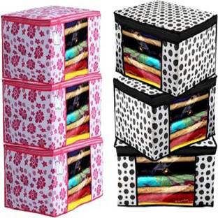 Sameer Enterprises garment cover The Royal Cover Saree Cover Black Polka, Pink Flower Front View Transparent Saree Cover Storage Box (Wedding Collection Gift) Premium Clothes Cover Garment Organizer Saree Case Sari Pouch Storage Bag (Set of 6) (Black, Pink) saree cover