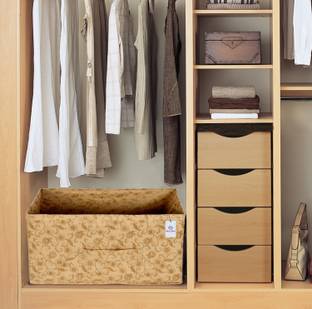Heart Home Designer Metalic Floral Print Non Woven Fabric Replacement Drawer Storage And Cloth Organizer Unit for Closet (Beige)-HHOME3478 Metalic Floral Print Non Woven Fabric Replacement Drawer Storage And Cloth Organizer Unit for Closet (Beige)-HHOME3478