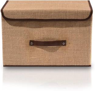 Mteaser Combo of 1 Jute Foldable Space Saver Storage Box Wardrobe Closet Organizer Stackable Basket/Bins with Lid & Faux Leather Handle for Clothes, Toys, Books
