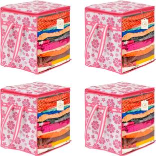 Shaping Fabric XL Saree Cover, Clothes Storage Bag, Storage Organizer Bag, Zip Closure and Transparent Front With Large Size Handle Clothes Storage Bag, Wardrobe Organizer ( Size 46L x 33W x 22H Centimetre ) Floral Print Pack of 04