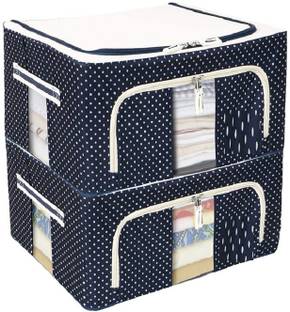 FEVSAQ Living Box Cloth Storage Bags Wardrobe Organizer - 24 Litre Pack of 2, Polka Dots dark Blue
